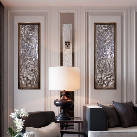 "Modern Art Deco 22 Wall Decor from Daleenz Store showcasing a geometric, symmetrical design with an elegant metallic finish, styled in a chic modern space."

