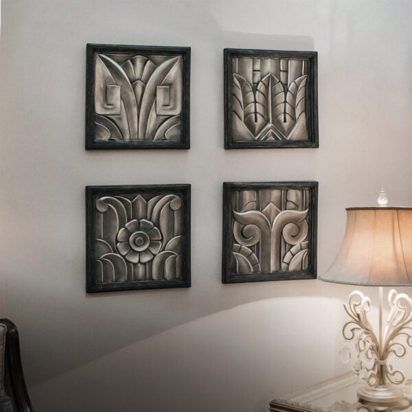"Modern Art Deco 4 Wall Decor from Daleenz Store showcasing four elegant geometric panels with an Art Deco-inspired design, adding a luxurious touch to a modern interior."

