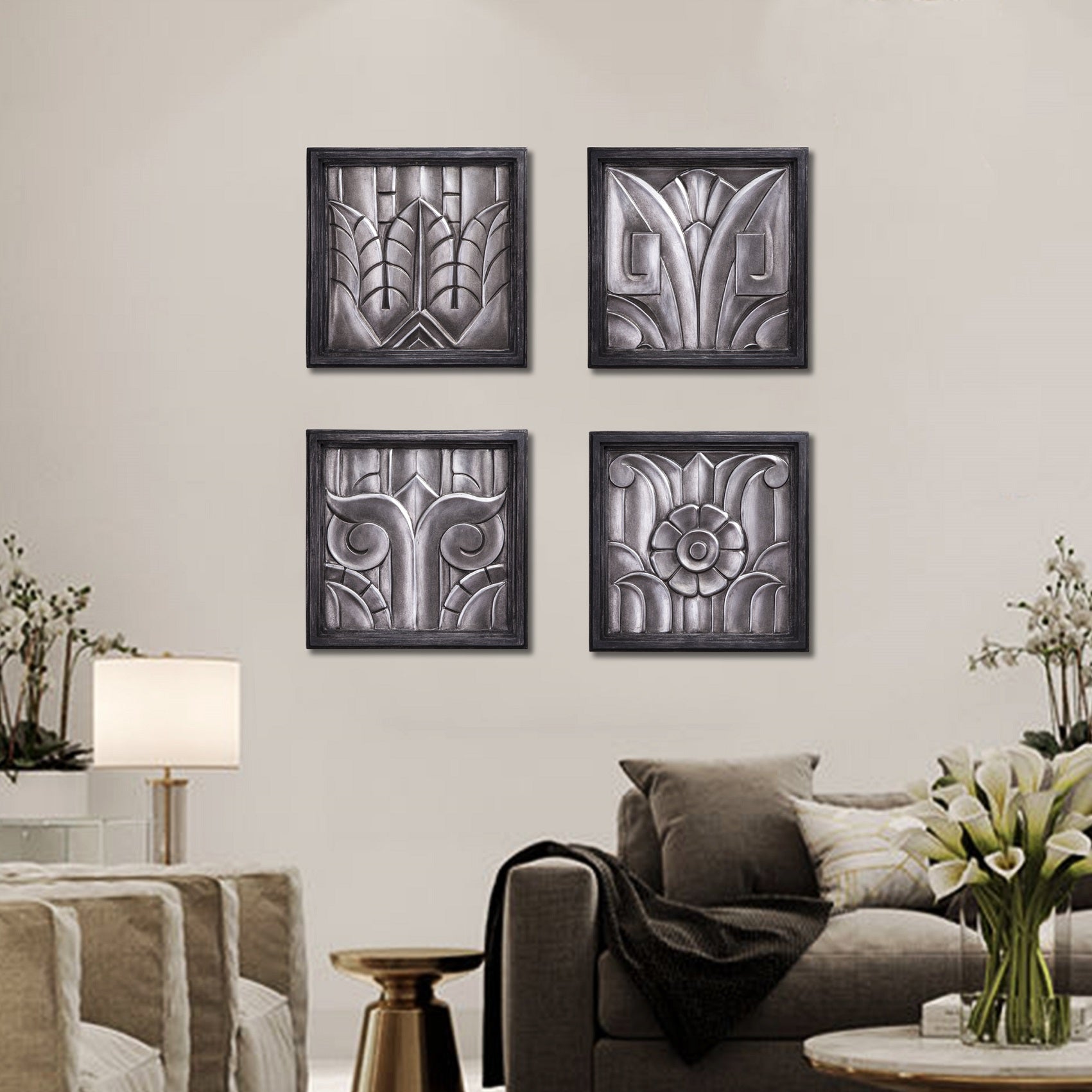 "Modern Art Deco 4 Wall Decor from Daleenz Store showcasing four elegant geometric panels with an Art Deco-inspired design, adding a luxurious touch to a modern interior."

