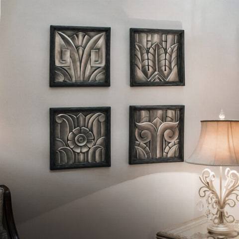 "Modern Art Deco 4 Wall Decor from Daleenz Store showcasing four elegant geometric panels with an Art Deco-inspired design, adding a luxurious touch to a modern interior."

