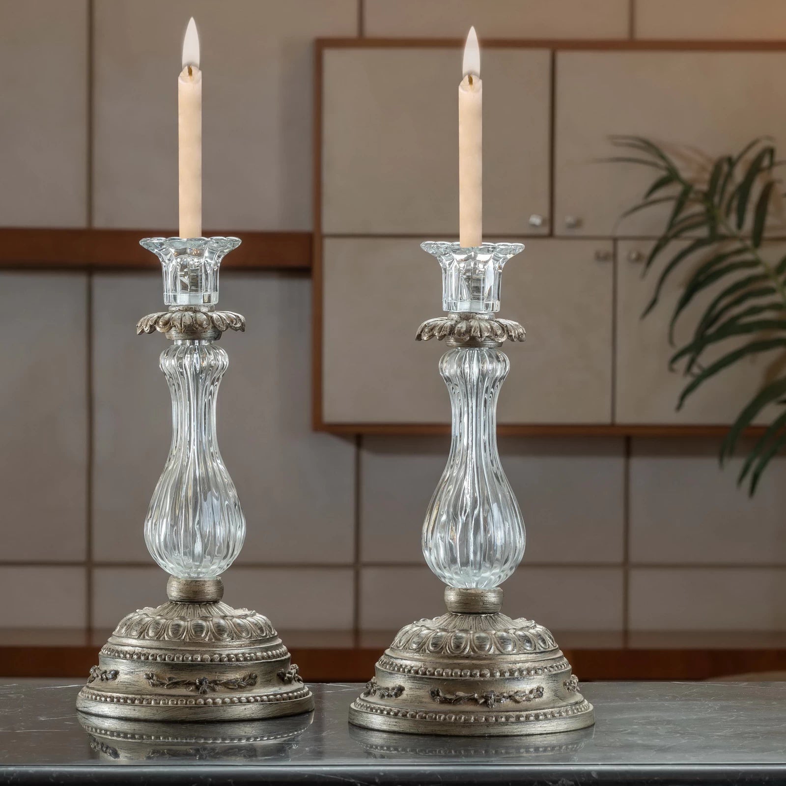 Classic Crysto Long 1 Candle Holders with sleek crystal design, offering elegant lighting and a refined atmosphere for any home decor.

