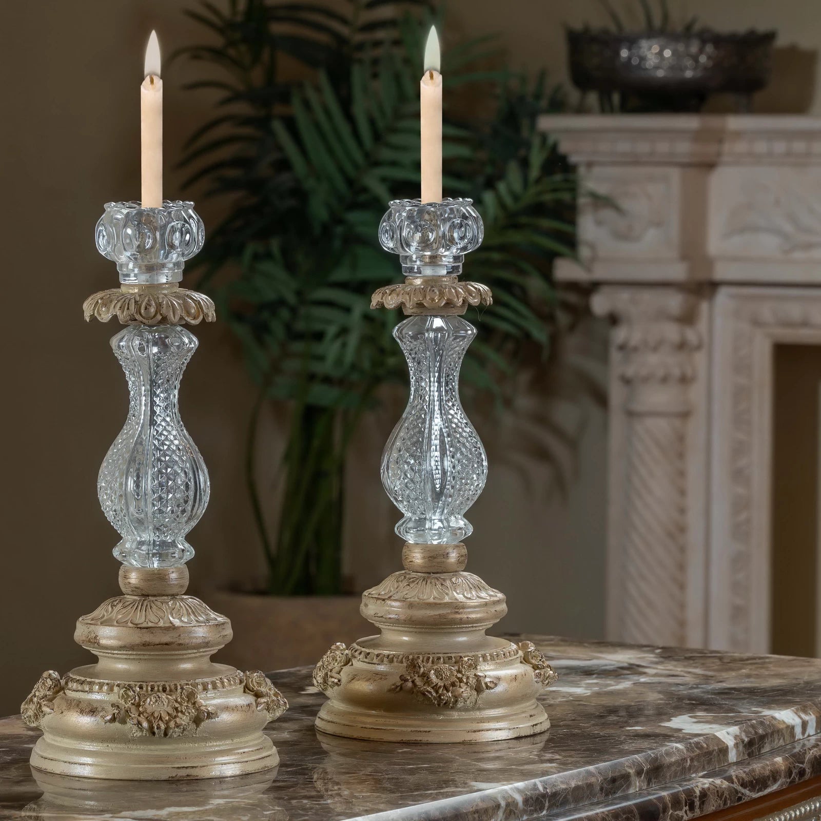 Classic Crysto Long 2 Candle Holders with tall crystal design, adding elegance and ambient lighting to upscale home decor.

