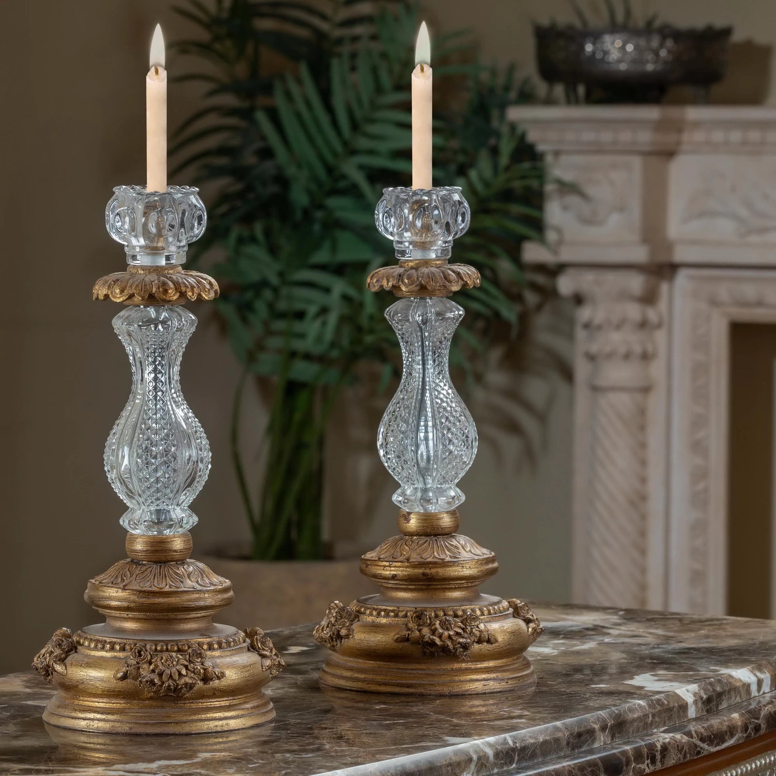 Classic Crysto Long 2 Candle Holders with tall crystal design, adding elegance and ambient lighting to upscale home decor.

