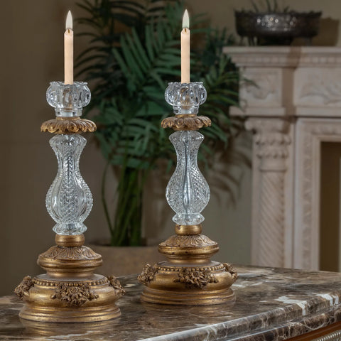 Classic Crysto Long 2 Candle Holders with tall crystal design, adding elegance and ambient lighting to upscale home decor.

