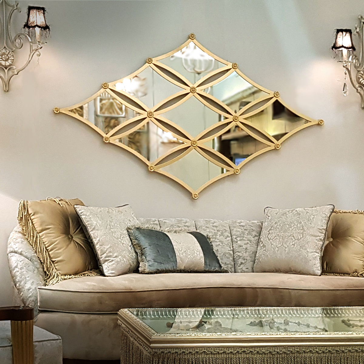 "Modern Diamonds Mirror from Daleenz Store featuring a bold diamond-shaped geometric pattern, mounted on a sleek contemporary wall."

