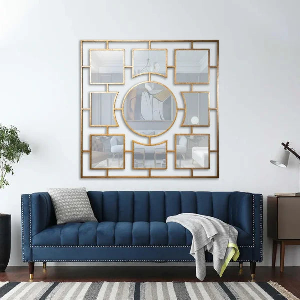 "Modern FOUR FOUR Mirror from Daleenz Store featuring a symmetrical, four-panel design mounted on a stylish interior wall."

