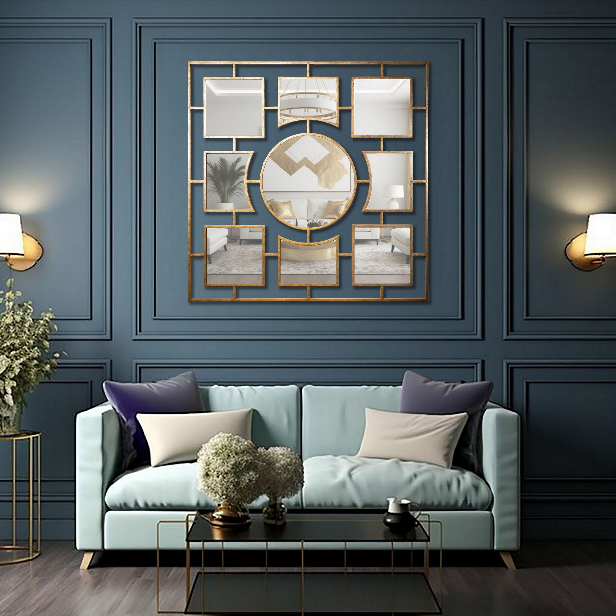 "Modern FOUR FOUR Mirror from Daleenz Store featuring a symmetrical, four-panel design mounted on a stylish interior wall."

