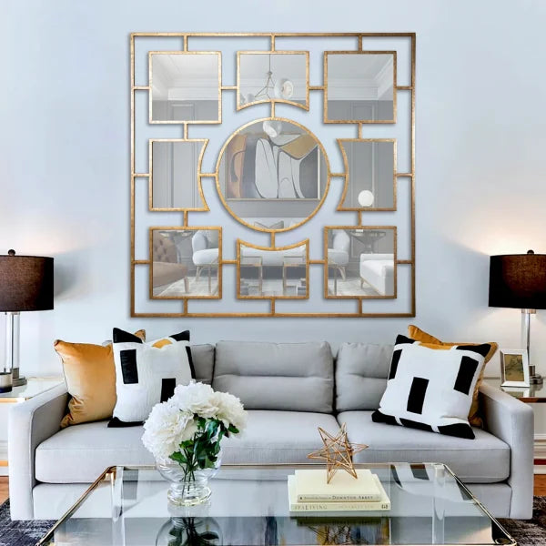 "Modern FOUR FOUR Mirror from Daleenz Store featuring a symmetrical, four-panel design mounted on a stylish interior wall."


