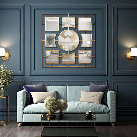 "Modern FOUR FOUR Mirror from Daleenz Store featuring a symmetrical, four-panel design mounted on a stylish interior wall."

