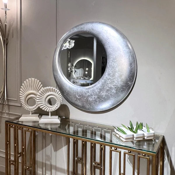 "Modern Fish Eye Mirror from Daleenz Store showcasing a round, convex design with a smooth modern frame, reflecting light in a contemporary interior."

