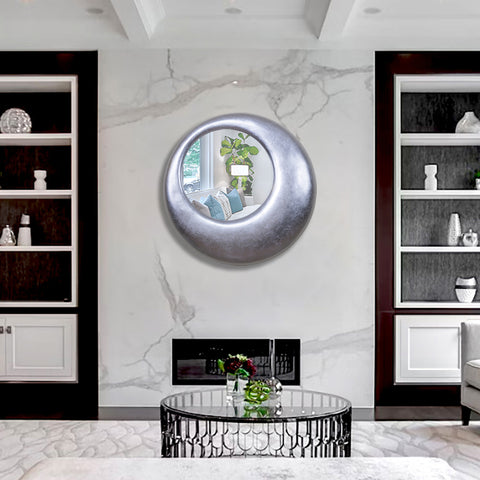 "Modern Fish Eye Mirror from Daleenz Store showcasing a round, convex design with a smooth modern frame, reflecting light in a contemporary interior."


