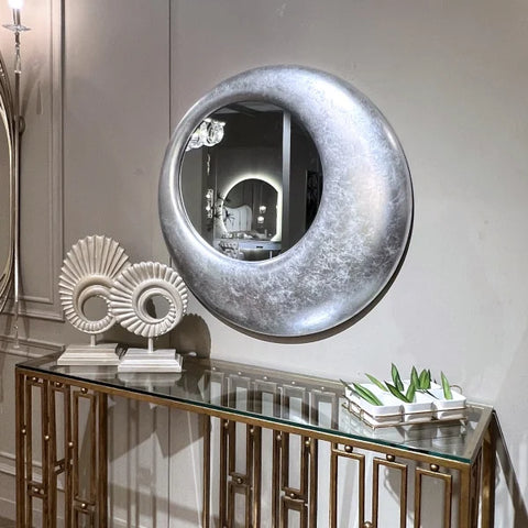 "Modern Fish Eye Mirror from Daleenz Store showcasing a round, convex design with a smooth modern frame, reflecting light in a contemporary interior."

