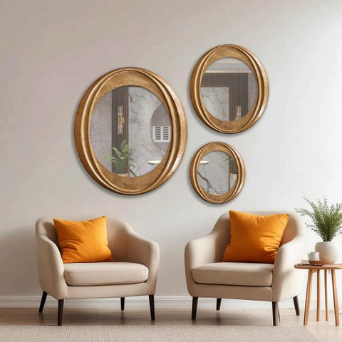 "Modern I Twist Mirrors Group of 3 from Daleenz Store, featuring three sleek vertical mirrors with a subtle twist design, styled on a modern living room wall."

