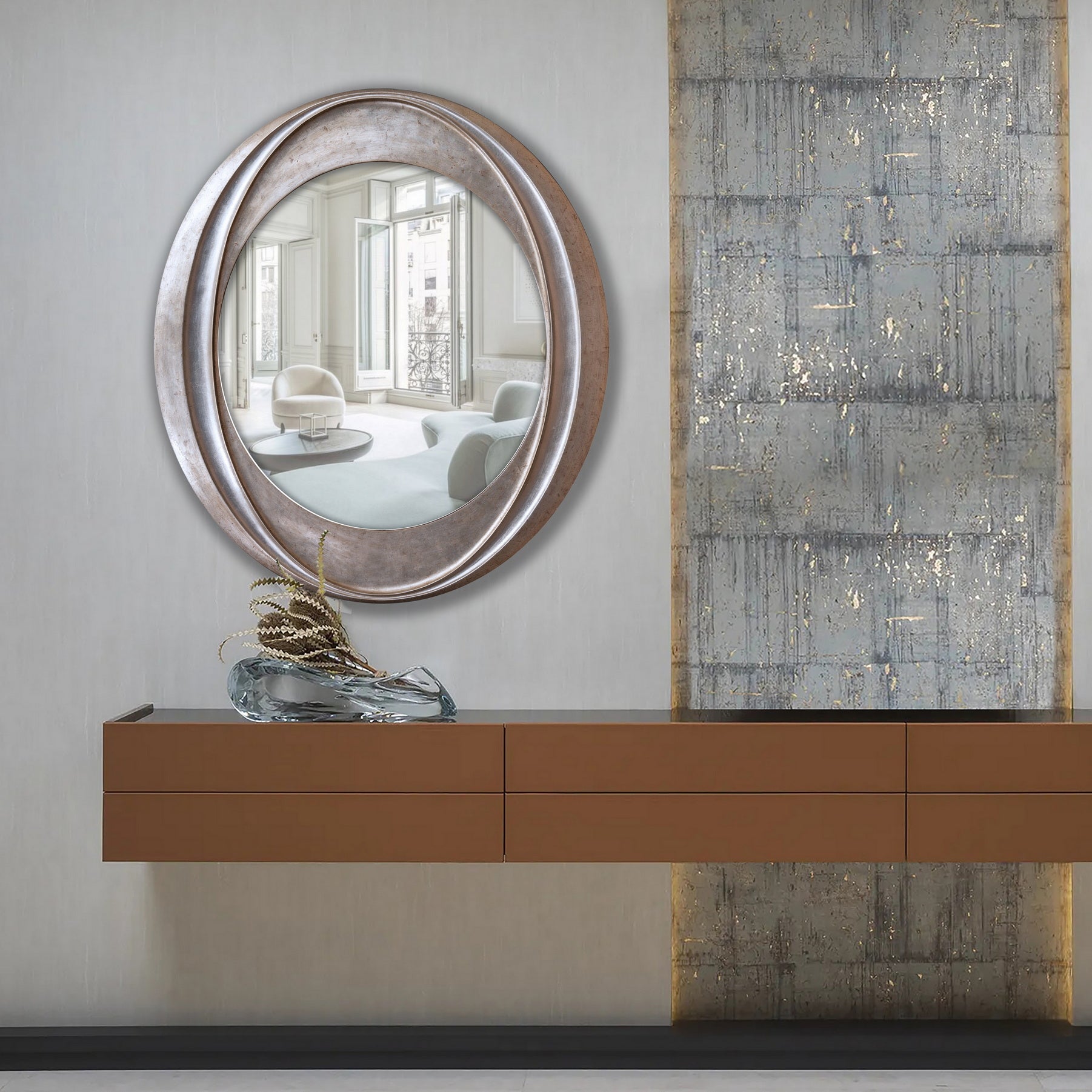 "Modern I Twist Big Size Mirror from Daleenz Store, showcasing a tall, minimalist mirror with a sleek twist design, placed in a contemporary living space."

