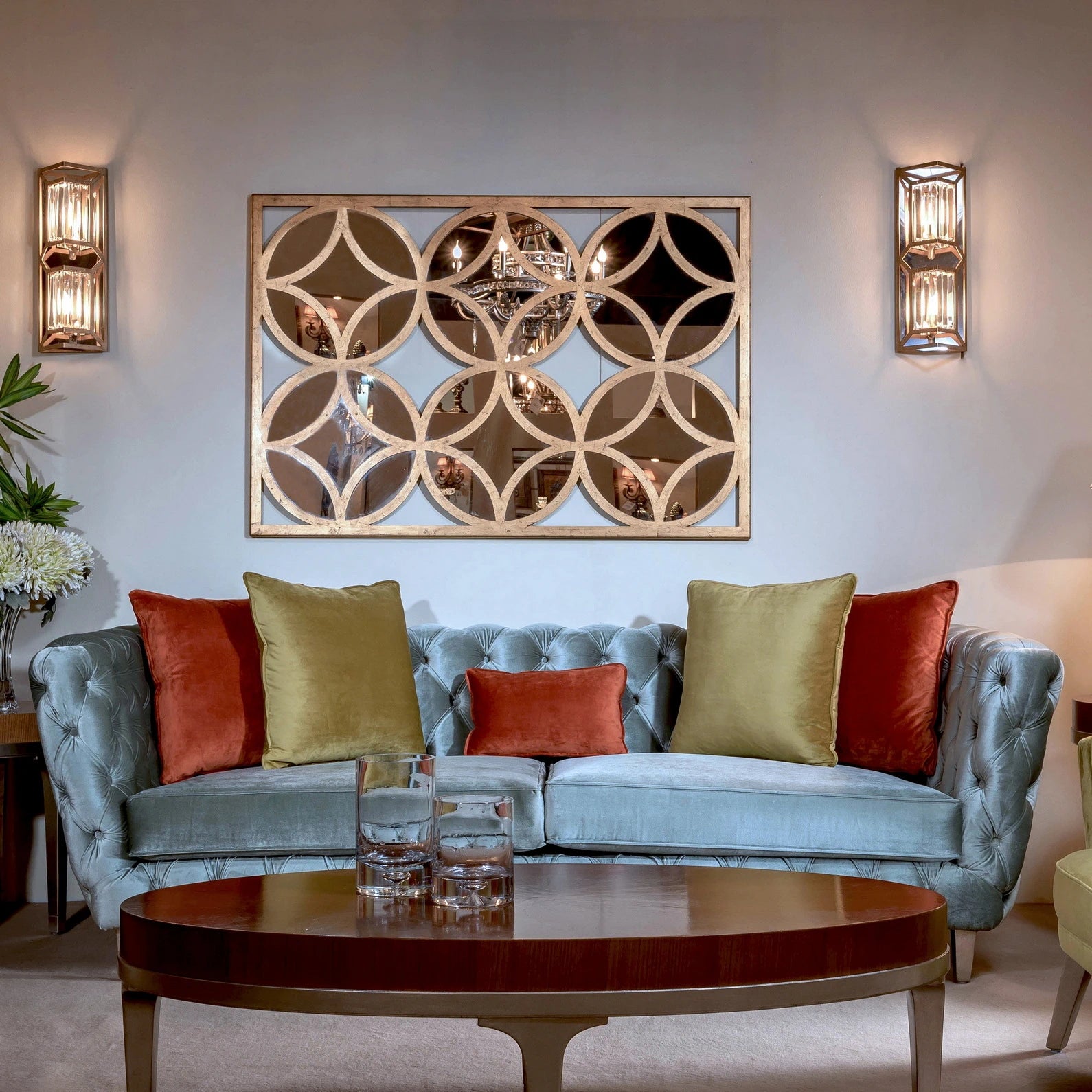 "Modern Inter Circles Mirror from Daleenz Store showcasing a unique, interlocking circle design with a sleek frame, mounted on a modern interior wall."


