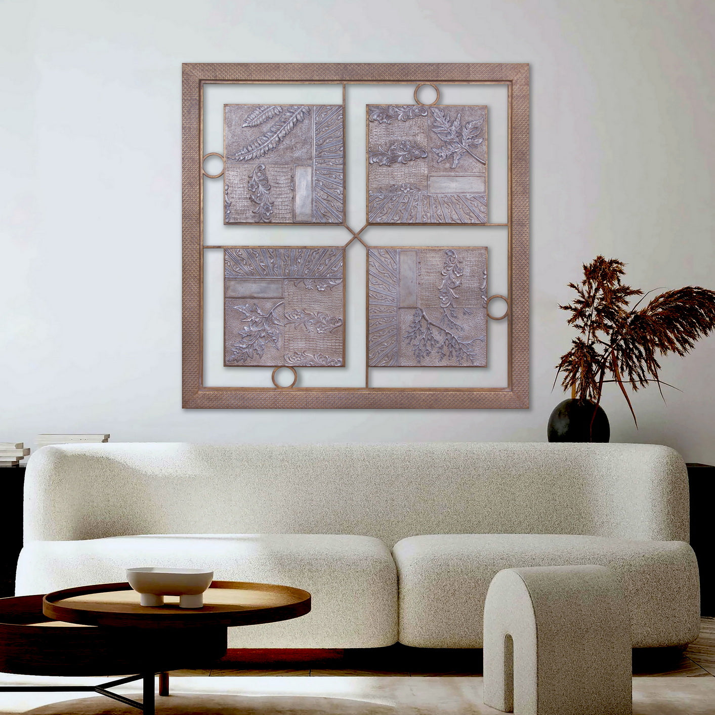 "Modern Leaves Group of 4 Wall Décor from Daleenz Store, featuring four leaf-shaped wall pieces with a sleek, nature-inspired design displayed in a modern room."

