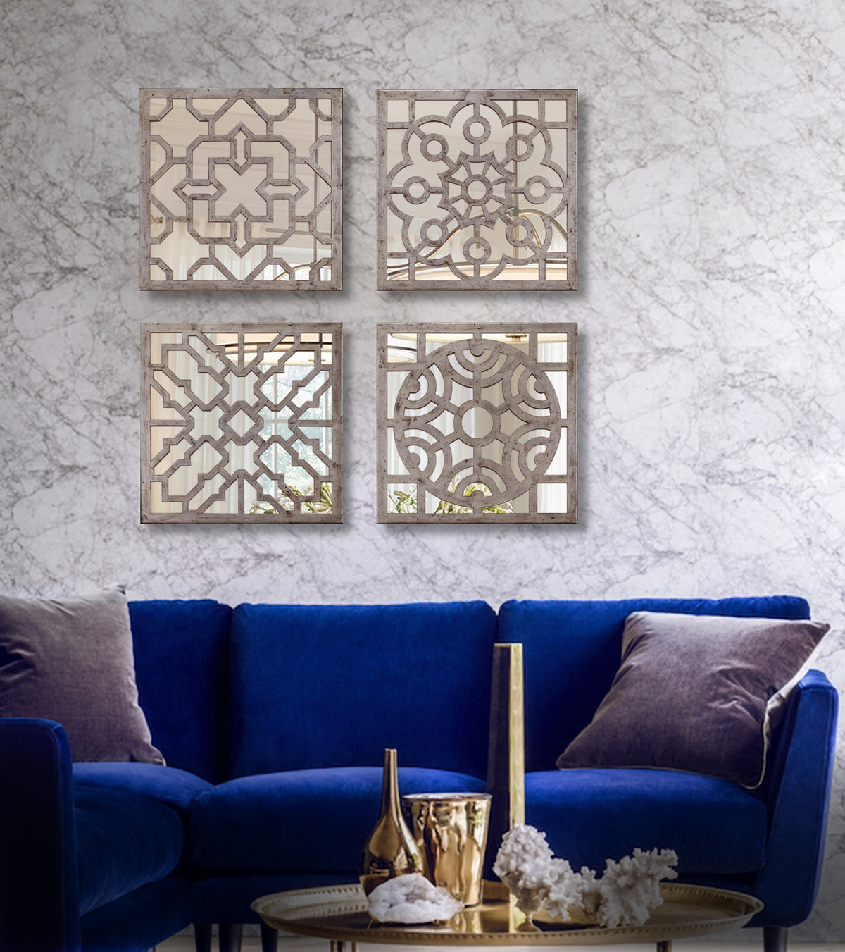 "Modern Quadro Mirrors from Daleenz Store featuring a set of square-shaped mirrors with clean lines and a minimalist modern look, styled on a contemporary wall."

