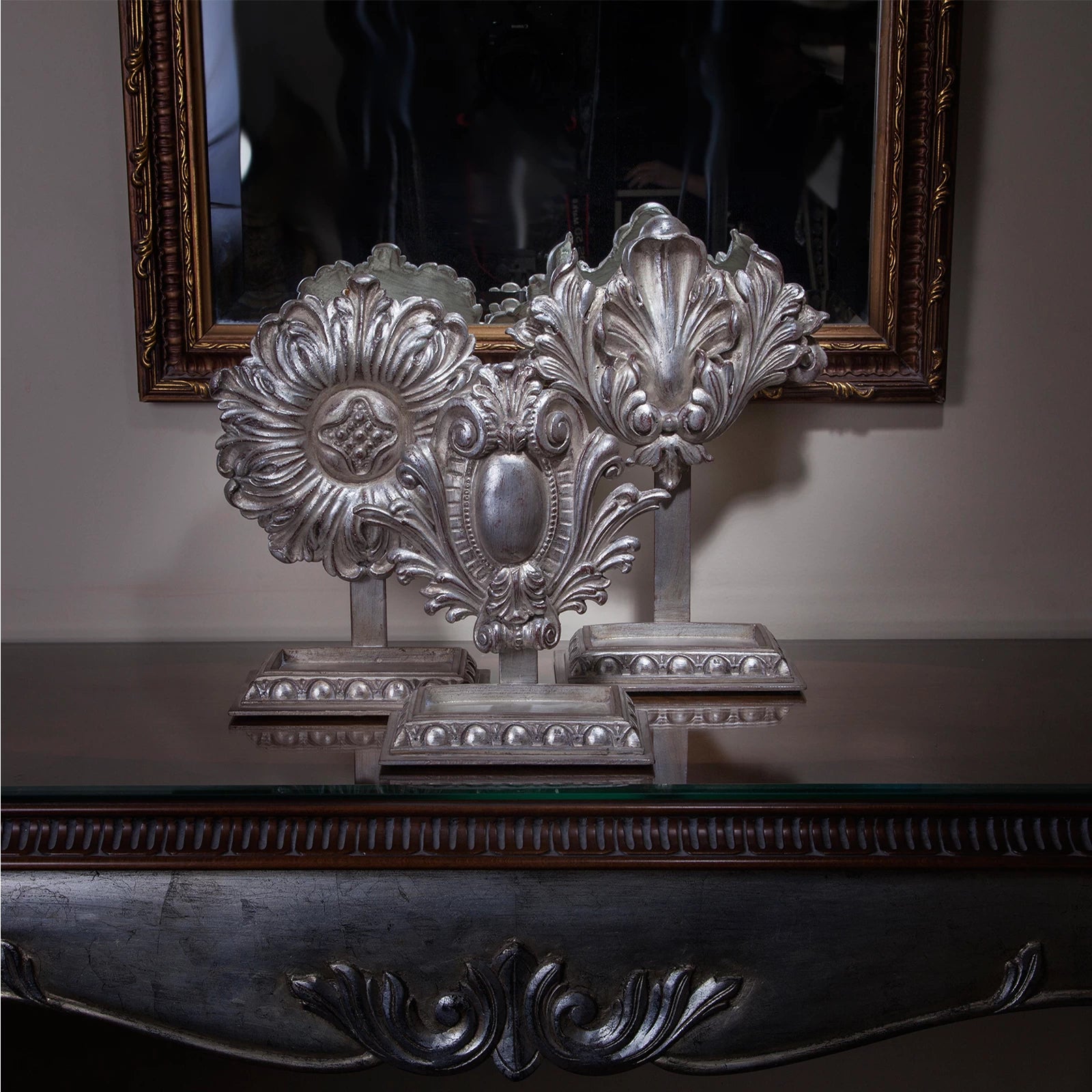 Classic Rozetta Stand with ornate detailing, styled on a tabletop as a vintage-inspired decorative accent.

