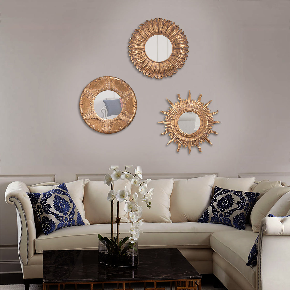 Classic Shamss Mirror with sunburst-style frame, adding radiant charm and a bold decorative accent to home interiors.

