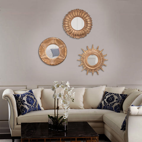 Classic Shamss Mirror with sunburst-style frame, adding radiant charm and a bold decorative accent to home interiors.

