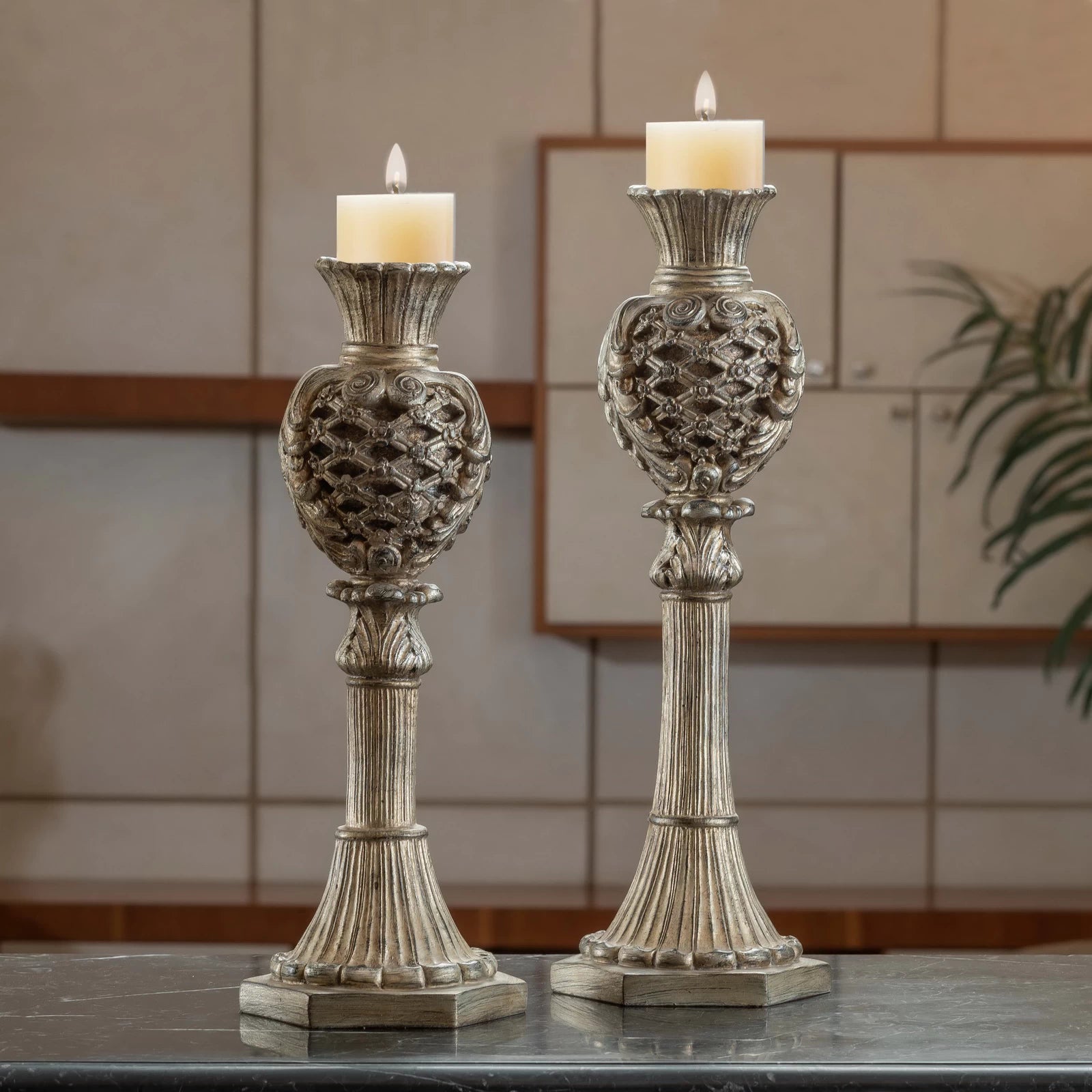 Classic Shebeka Set Candle Holders with elegant design, perfect for creating a warm, sophisticated ambiance in any room.

